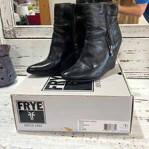 Frye black wedge booties
